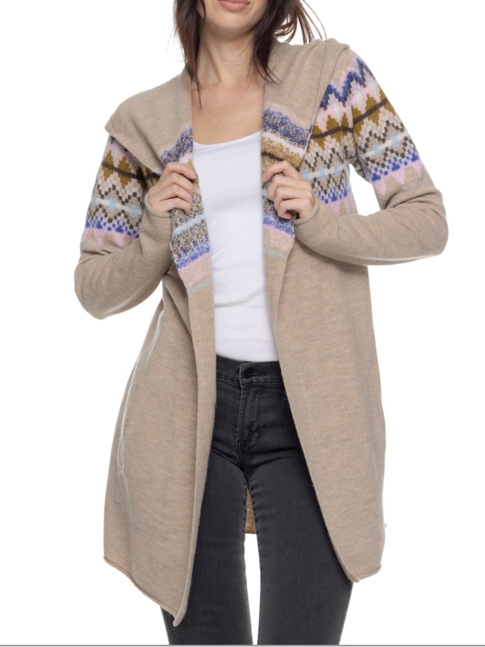 100% Wool Beige Fair Isle Open Front Women's Cardigan Sweater by Toad&co size M